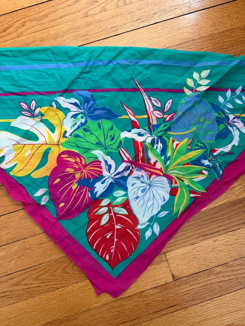 Vintage Teal Floral & Stripe Scarf with Magenta Trim
